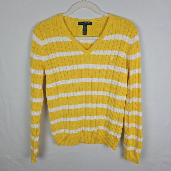 Lauren Ralph Lauren Sweater Yellow/White Long Sleeve Cable/Accordion Knit Size M - Picture 1 of 5